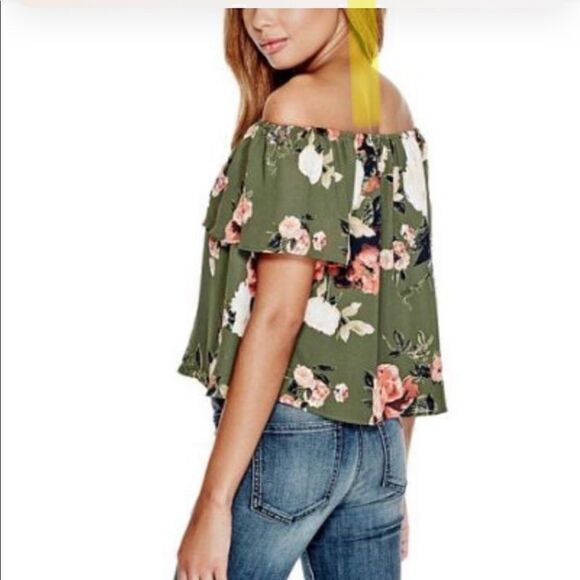 GUESS green  boho spring floral top off shoulder  cold shoulder small - Picture 4 of 9